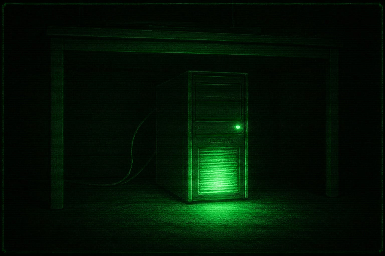 A tower computer glowing green under a desk, like a small hearth