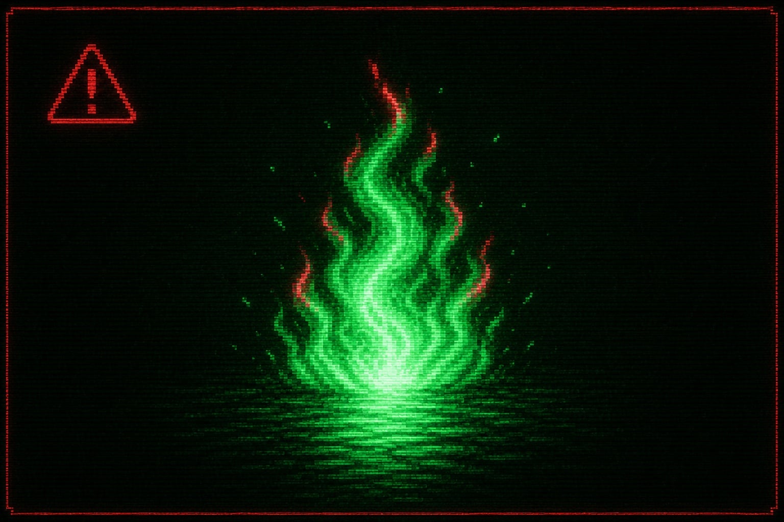 Green phosphor fire flaring red at its edges, with a warning mark