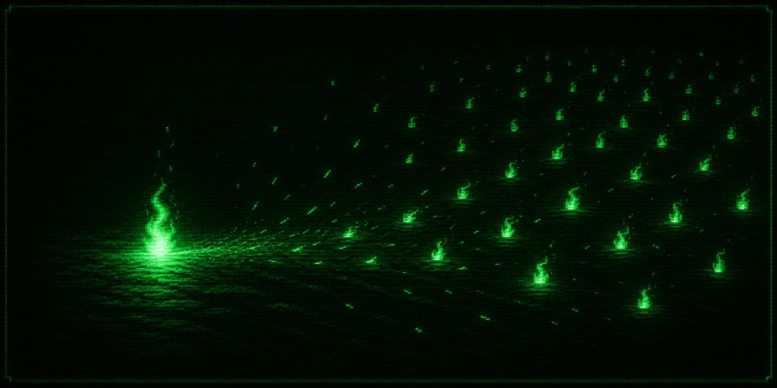 One green flame seeding a field of many, spreading across the dark