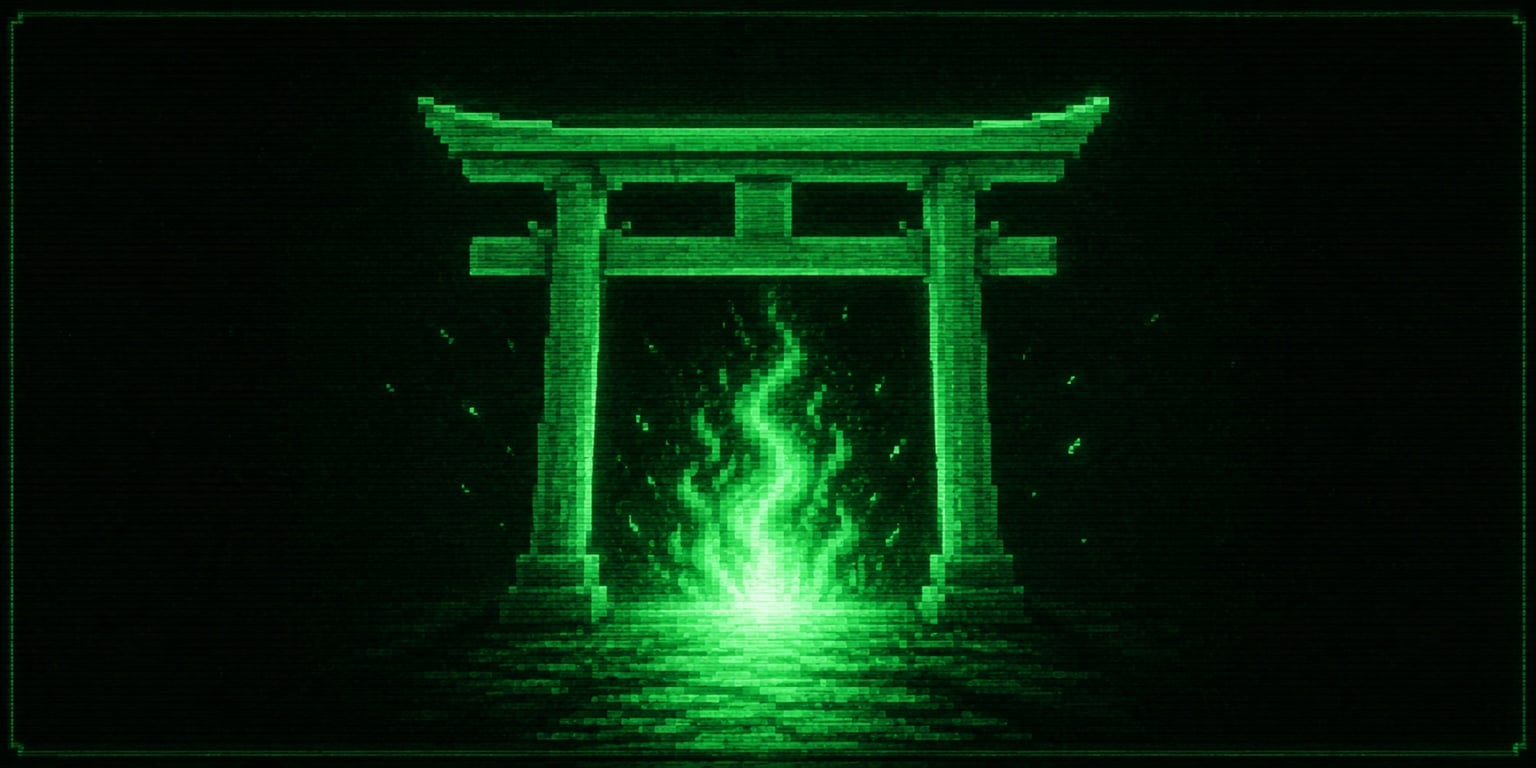 A torii gate with green phosphor fire rising through it
